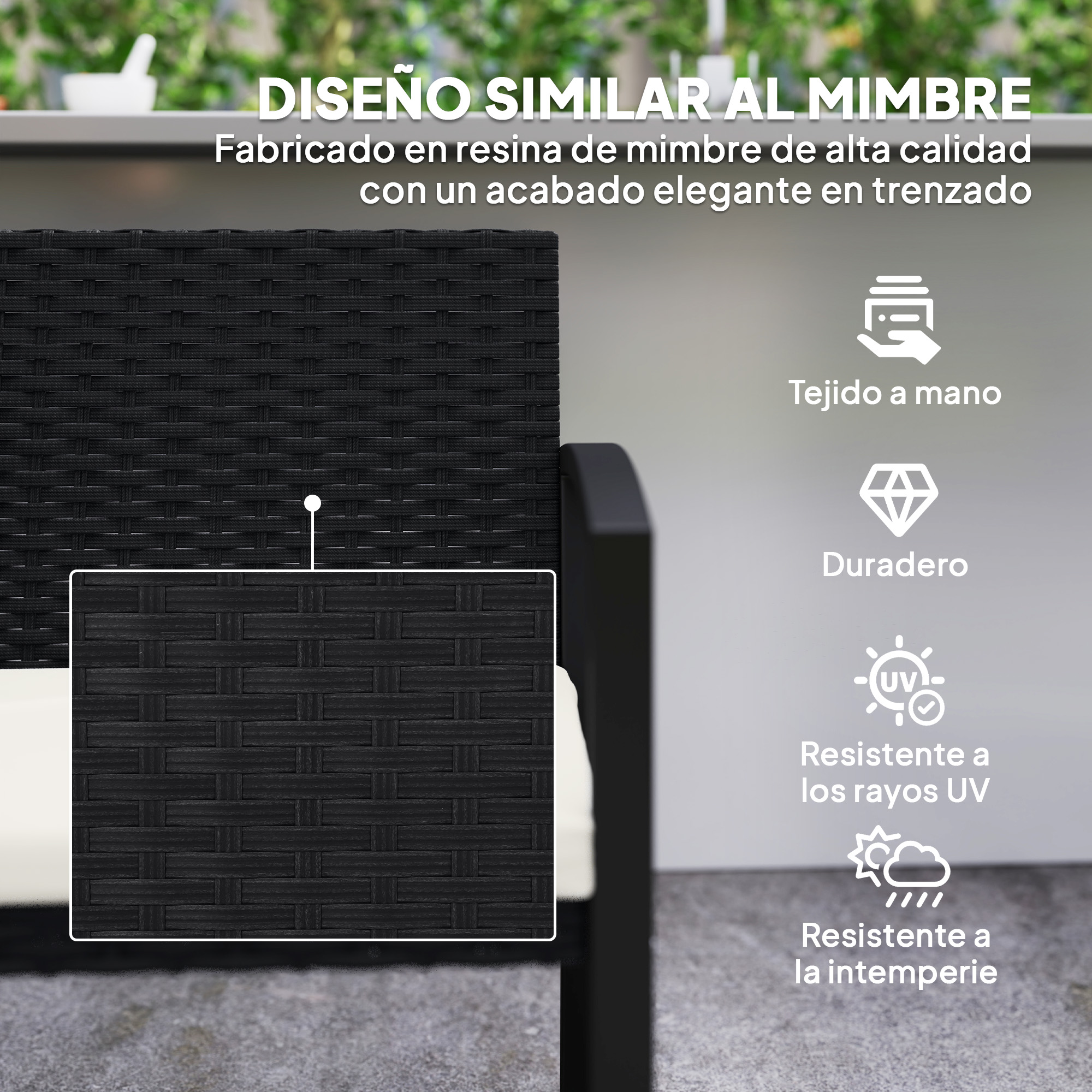 Silla de ratán negra con primer plano del tejido e iconos de artesanía y resistencia al clima.