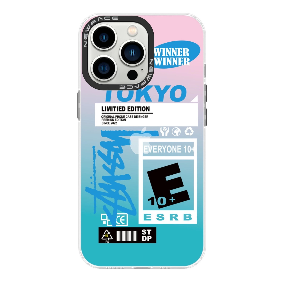 "Tokyo" baskılı iPhone kılıfı, ESRB E 10+ derecelendirmesi ve Stussy logosu.