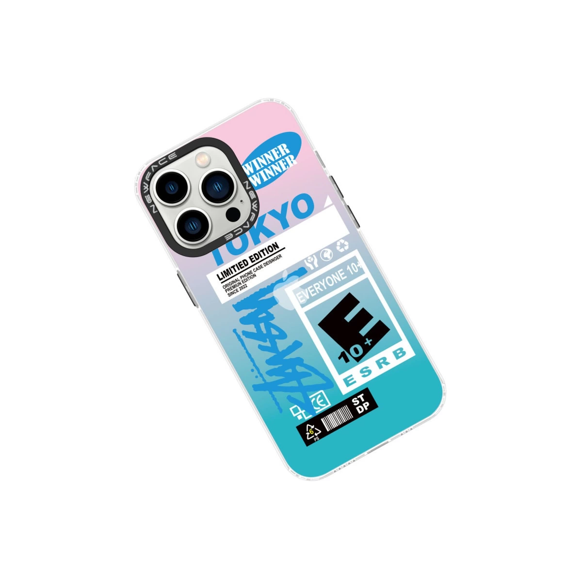 Tokyo tasarımlı şeffaf telefon kılıfı, ESRB E 10+ derecelendirmesi.