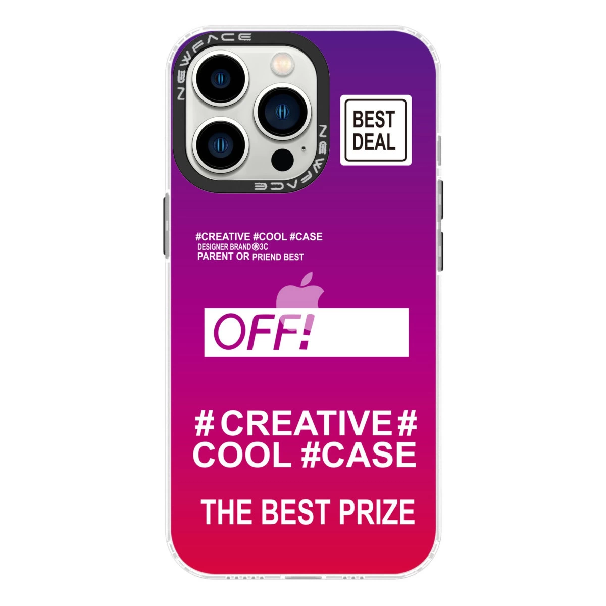 Mor ve pembe gradyan telefon kılıfı metinle: BEST DEAL, OFF!, #CREATIVE#COOL #CASE