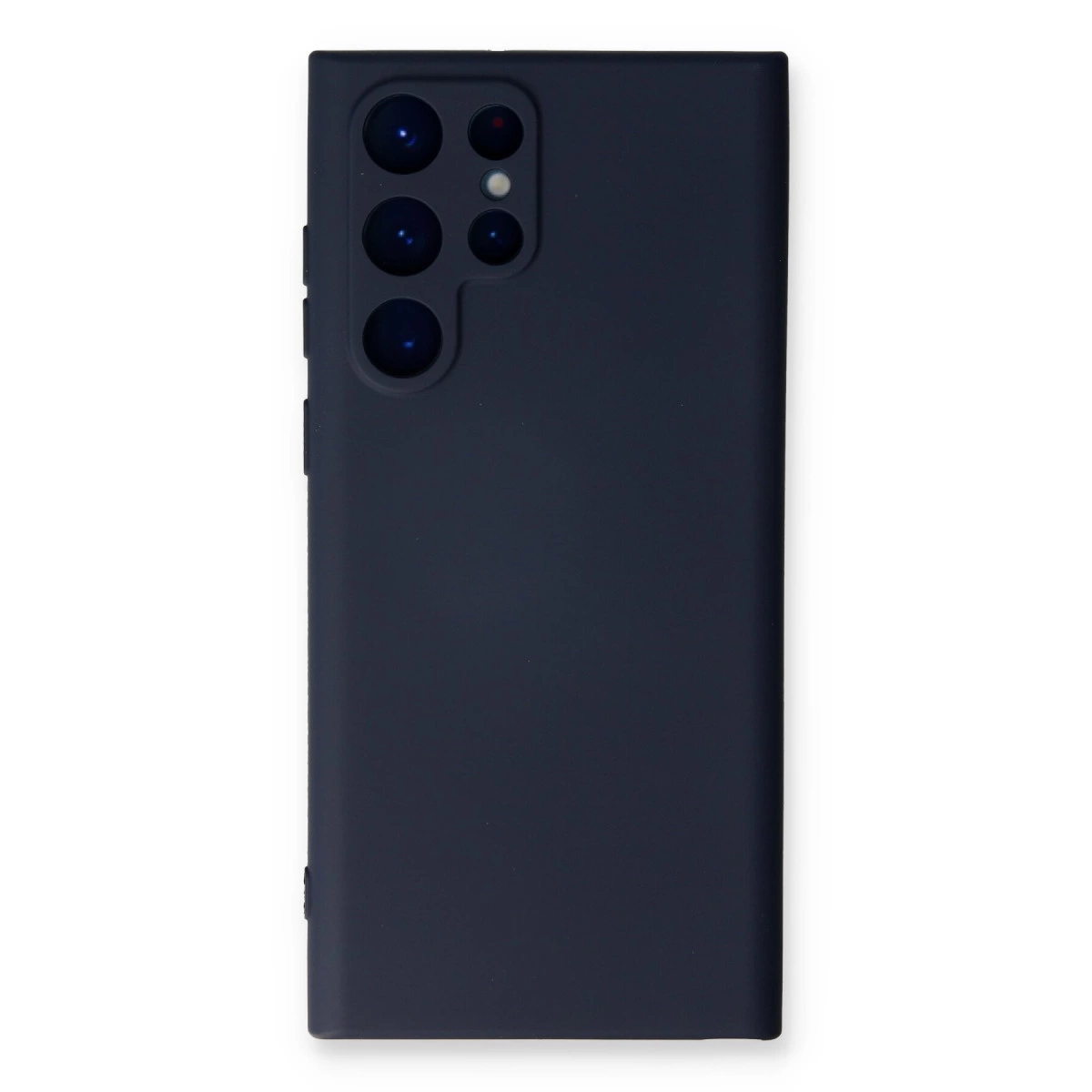 Koyu mavi telefon kılıfı, kamera kesimli, beyaz arka plan.