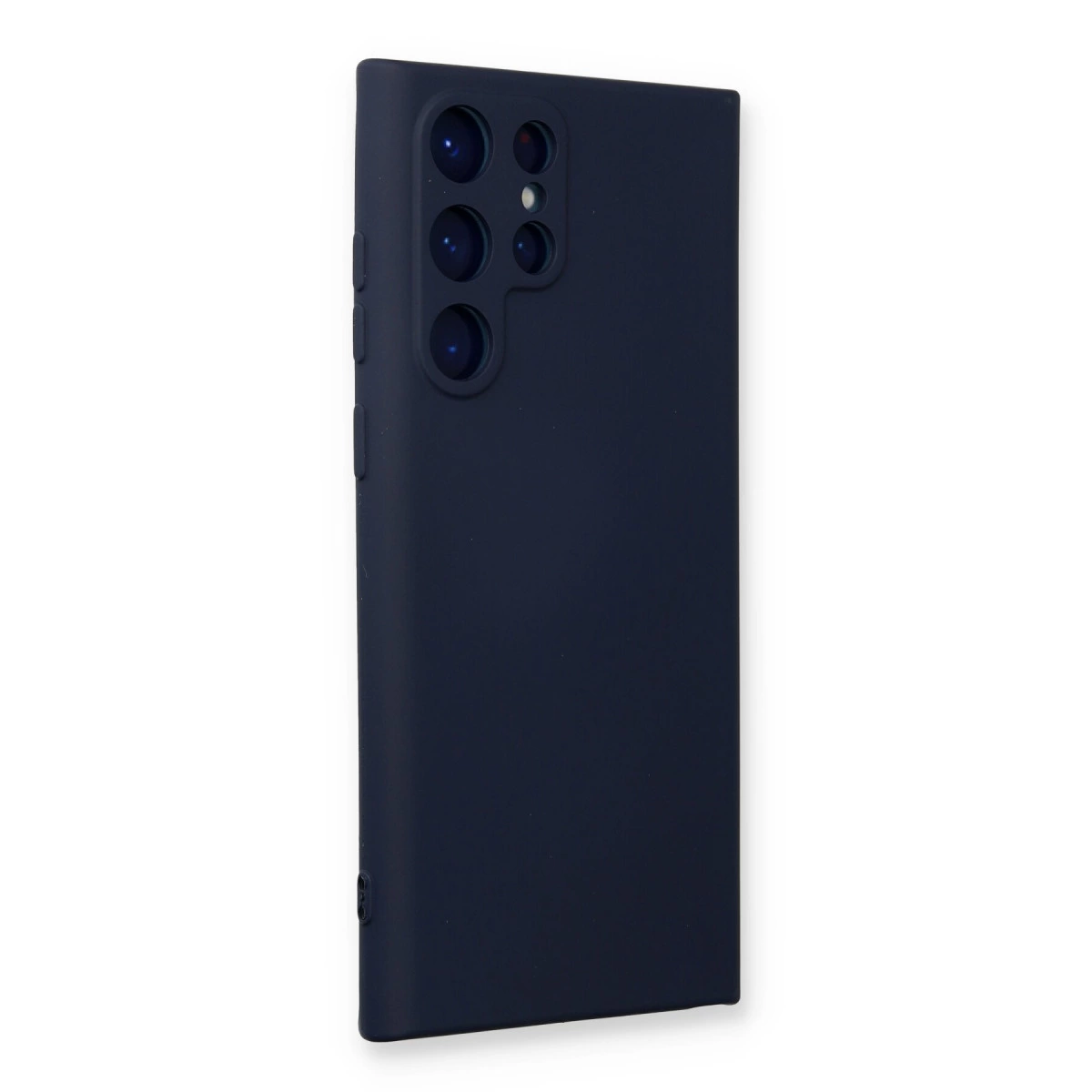 Beyaz arka plan üzerinde kamera kesimli lacivert telefon kılıfı.