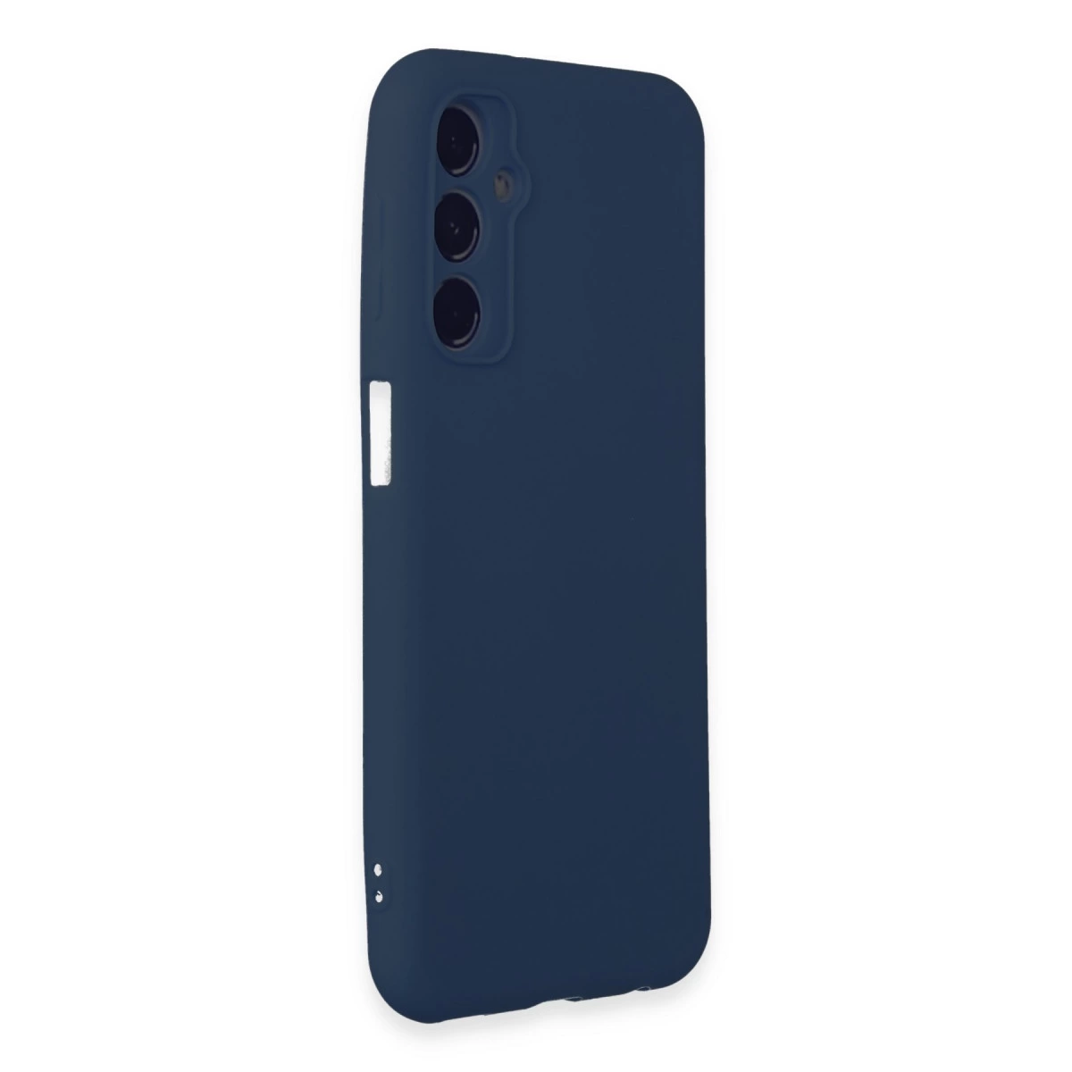 Üç kamera lensli ve yan düğmeli lacivert telefon kılıfı.