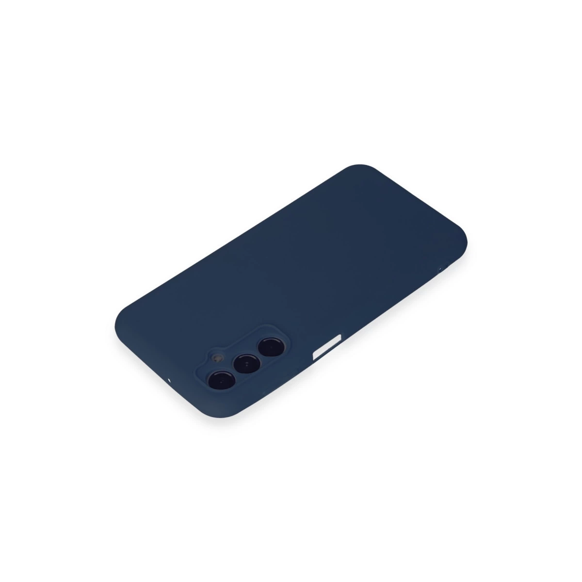 Beyaz arka plan üzerinde üç kamera lensli lacivert telefon kılıfı.
