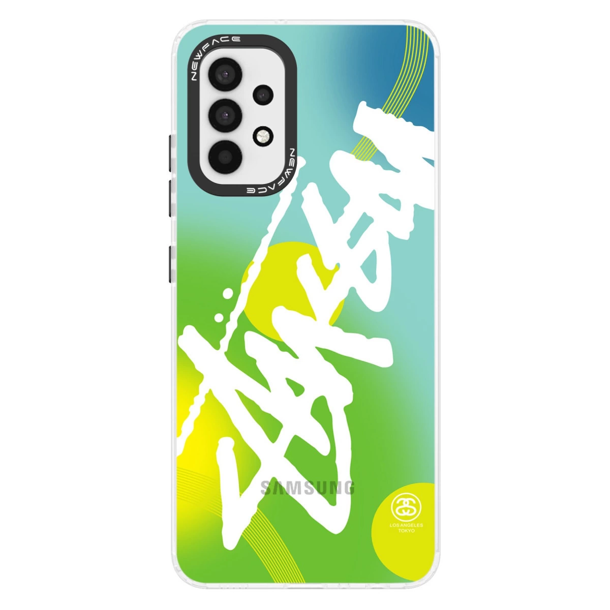 Yeşil-mavi degrade, beyaz yazı, Samsung logosu ve kamera dizilimine sahip telefon kılıfı.