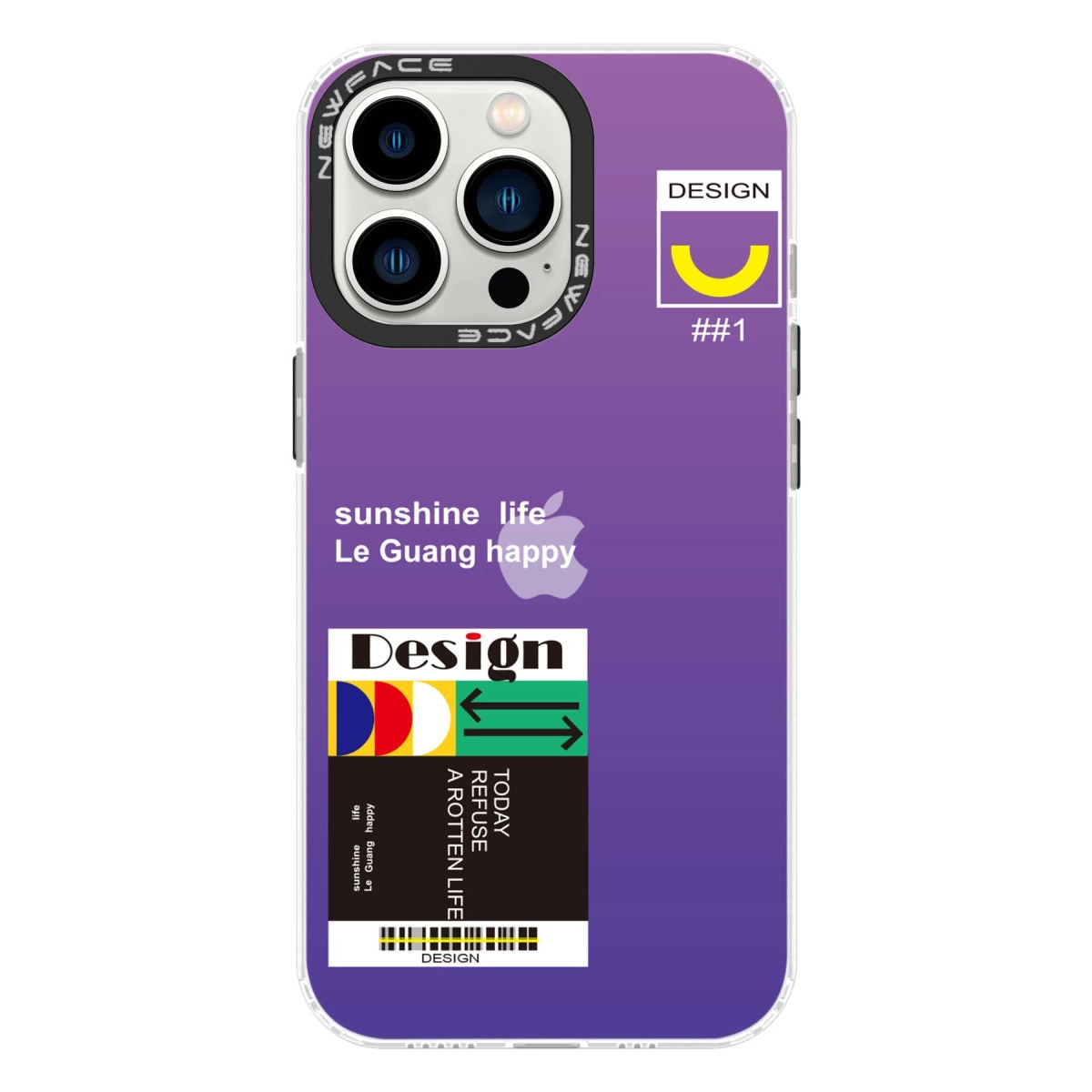 Kameralı, metinli ve tasarım öğeli mor telefon kılıfı.