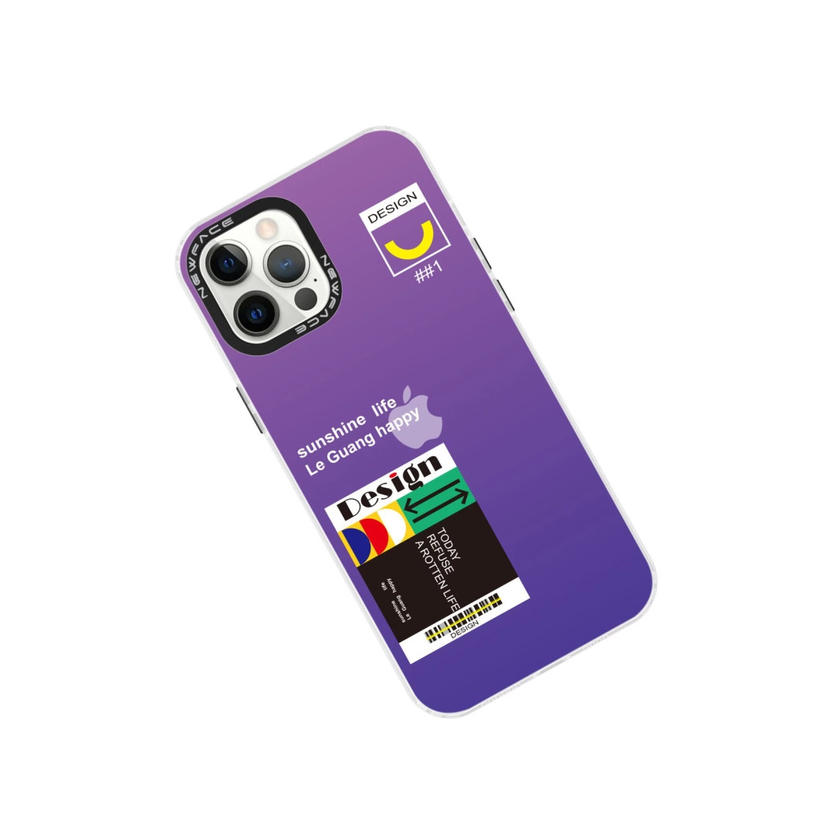 Tasarım öğeleri, metin ve kameraya sahip mor telefon kılıfı.