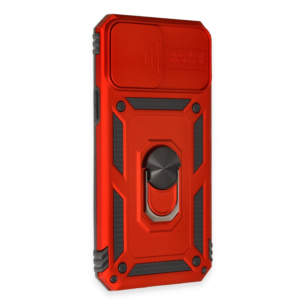 Kamera kapağı ve halka tutuculu kırmızı telefon kılıfı.