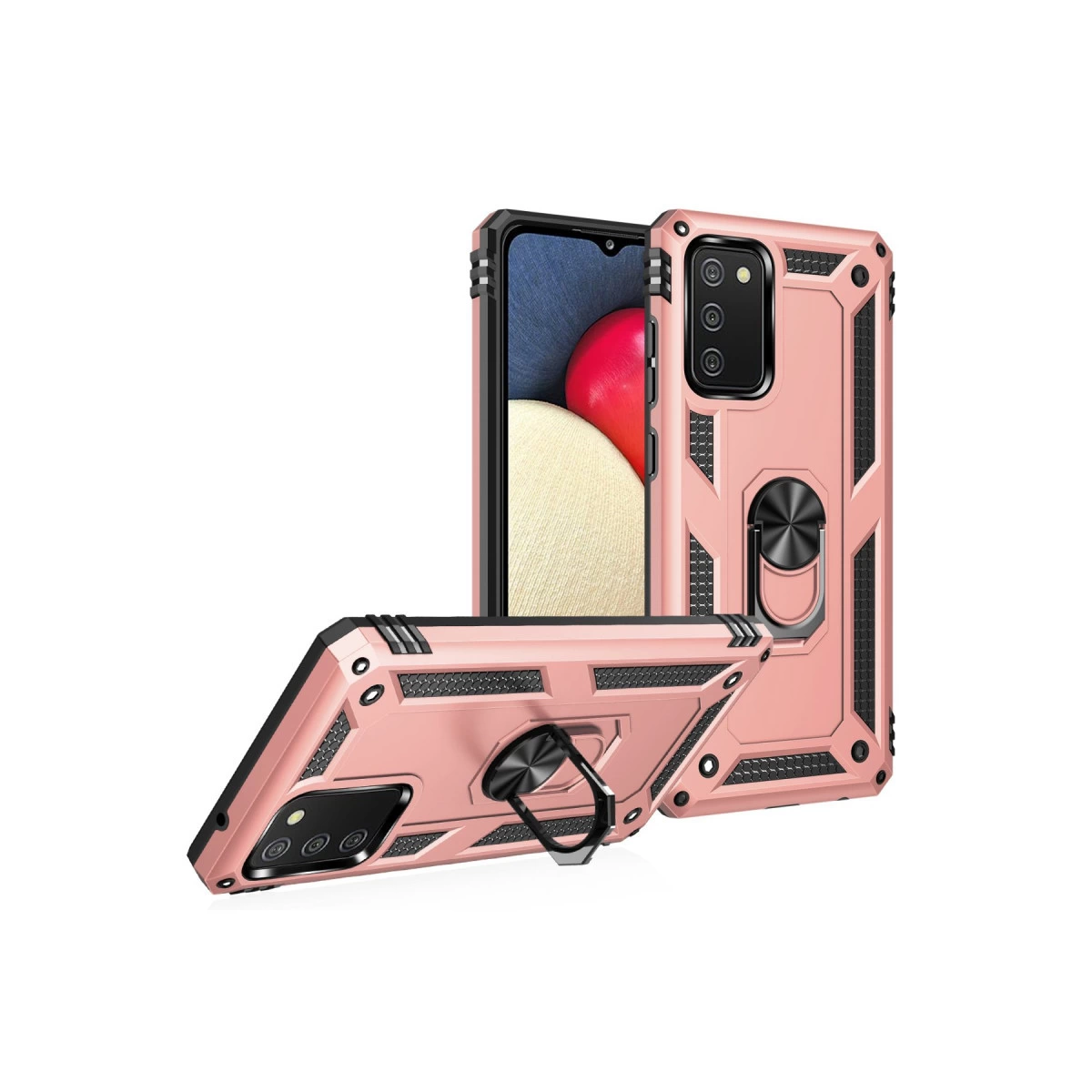 Arkada halka tutuculu iki gül altın rengi telefon kılıfı.