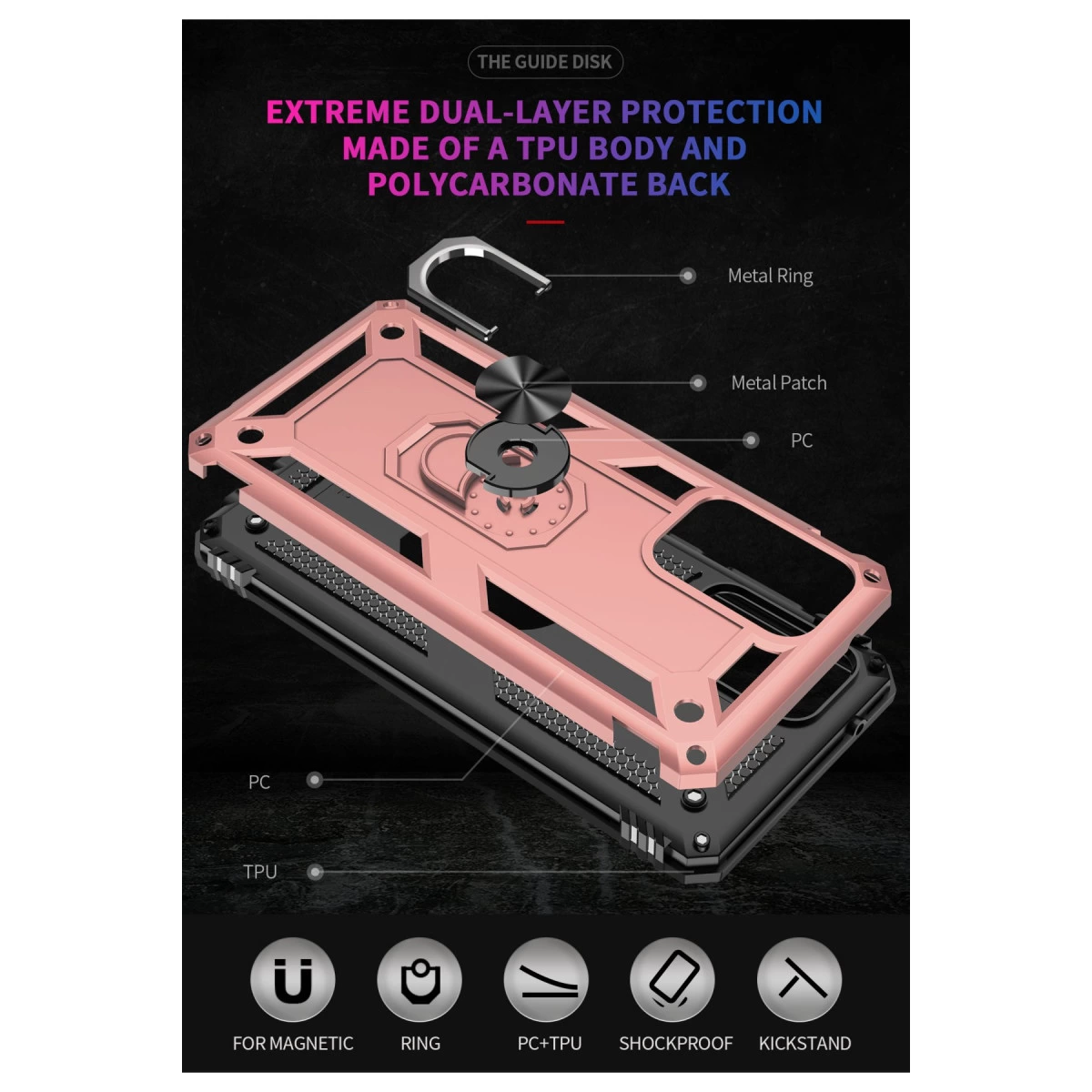 Rose gold çift katmanlı telefon kılıfı, metal halka ve stant özellikli.