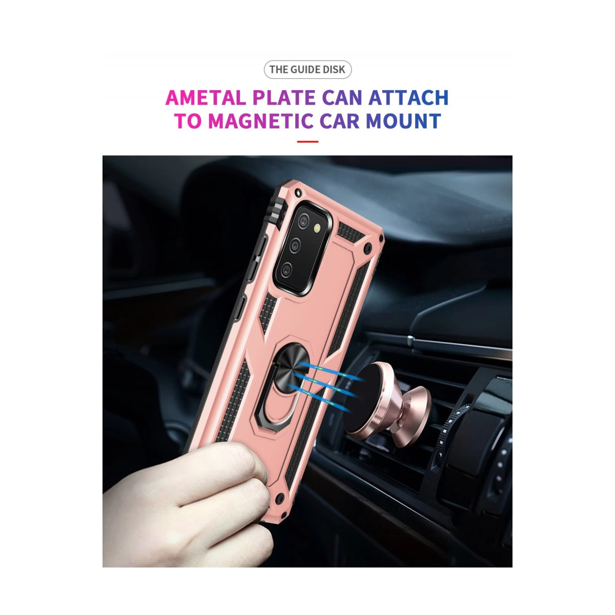 Halka tutuculu pembe altın rengi telefon kılıfı manyetik araç tutucusuna takılır.