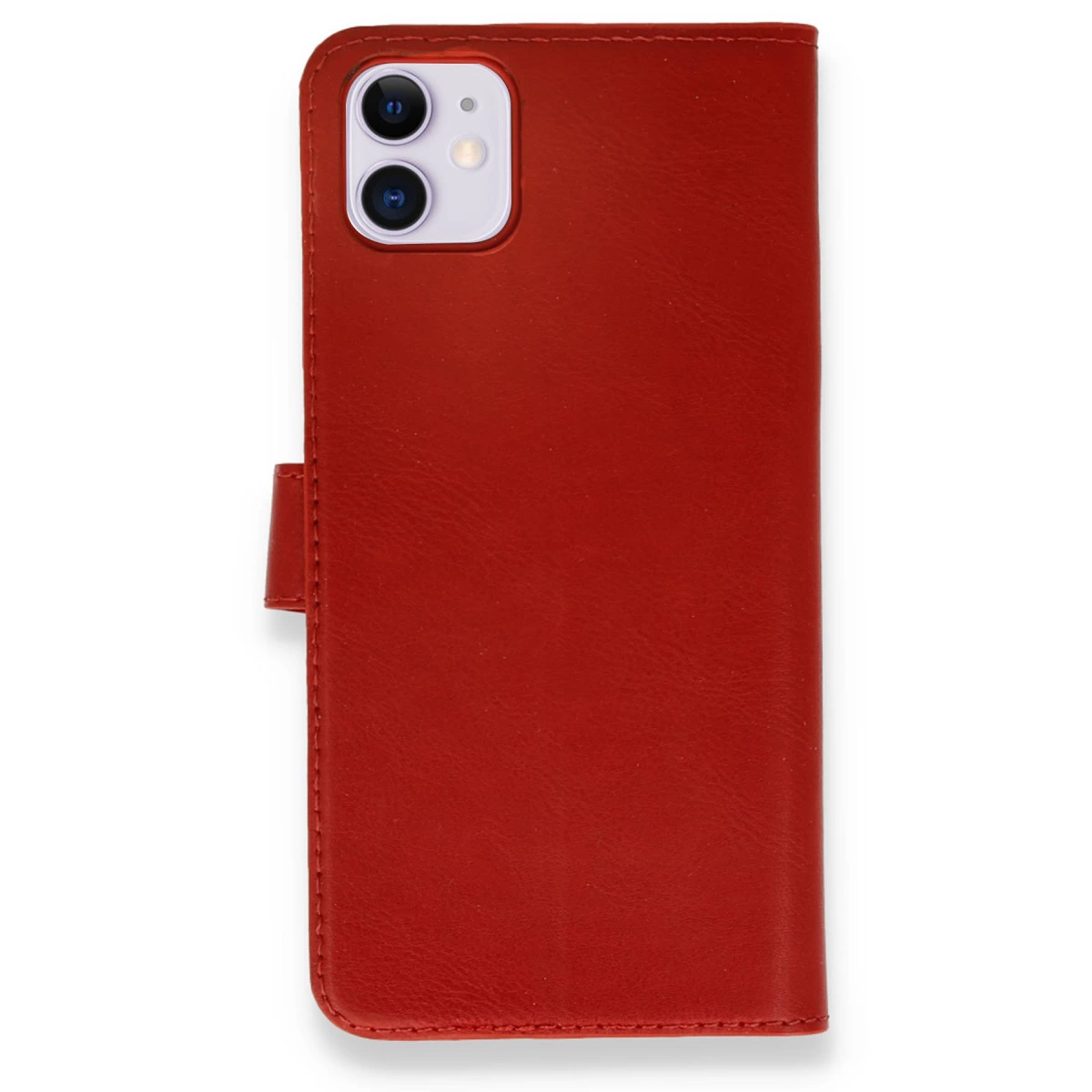 Kamera kesimli ve kapaklı kırmızı deri iPhone kılıfı.