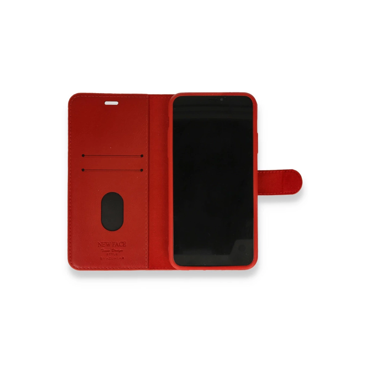 Kart yuvalı kırmızı telefon kılıfı ve akıllı telefon.