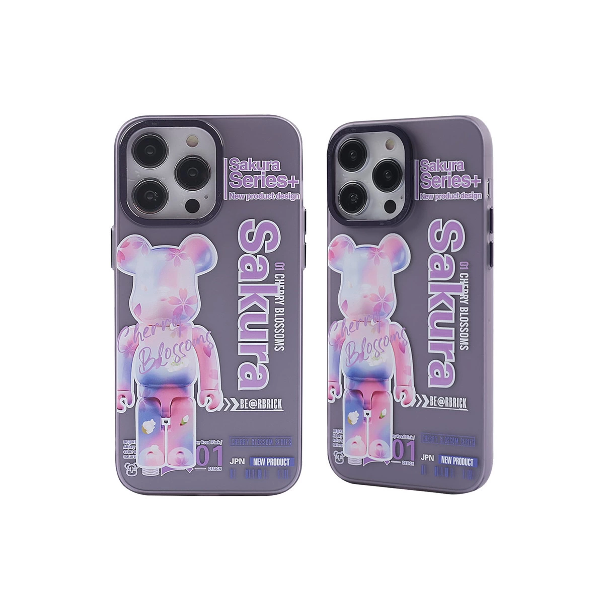 Bearbrick ve kiraz çiçeği desenli iki mor telefon kılıfı.