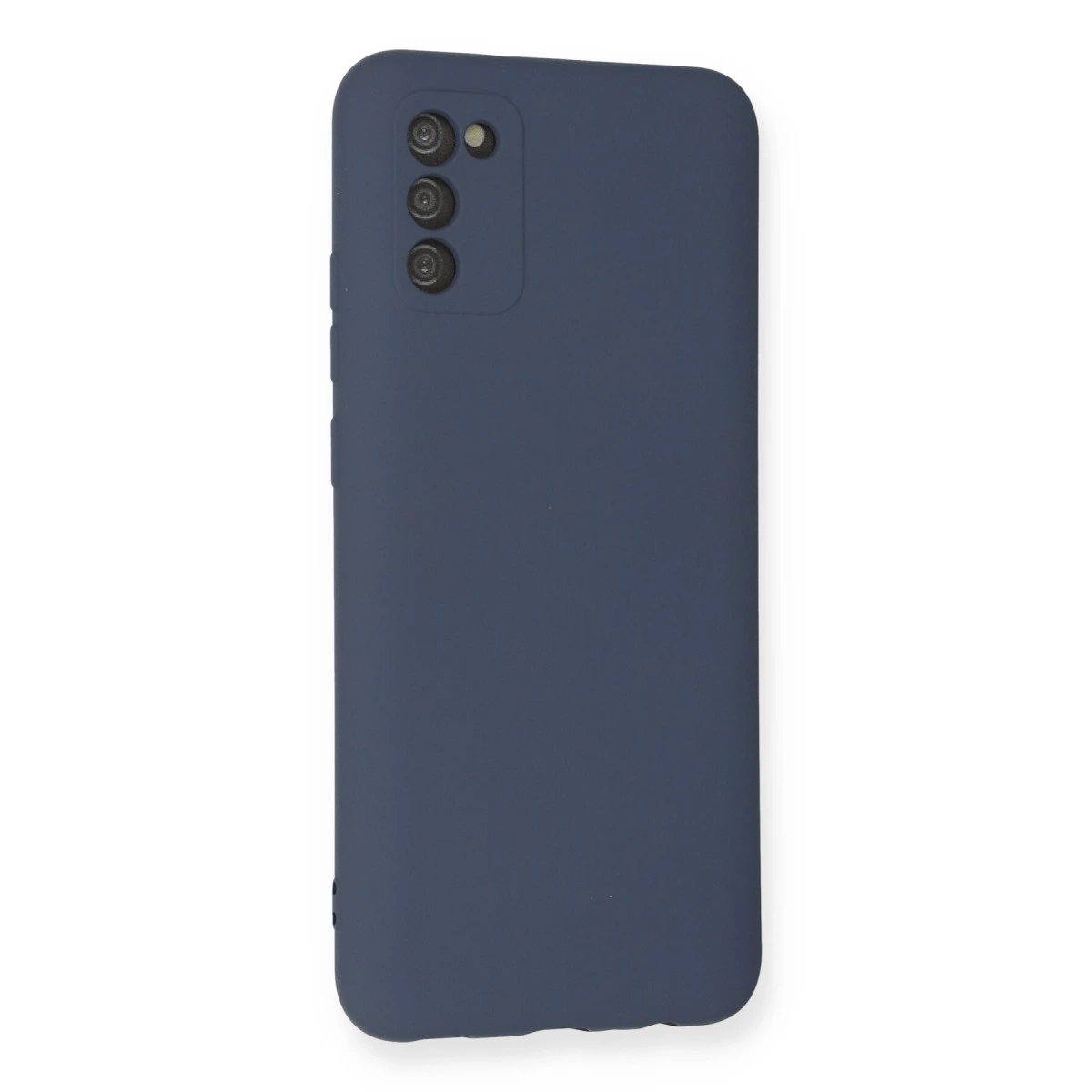 Kare kesimli, üç kamera lensli lacivert telefon kılıfı.