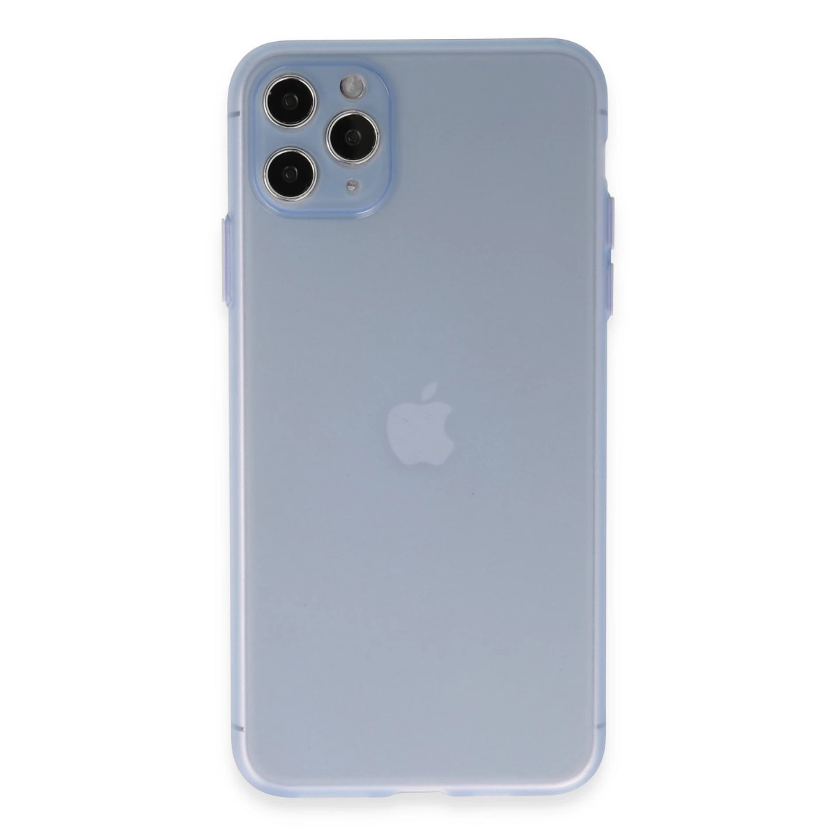 Üç kameralı ve Apple logolu yarı saydam mavi telefon kılıfı.