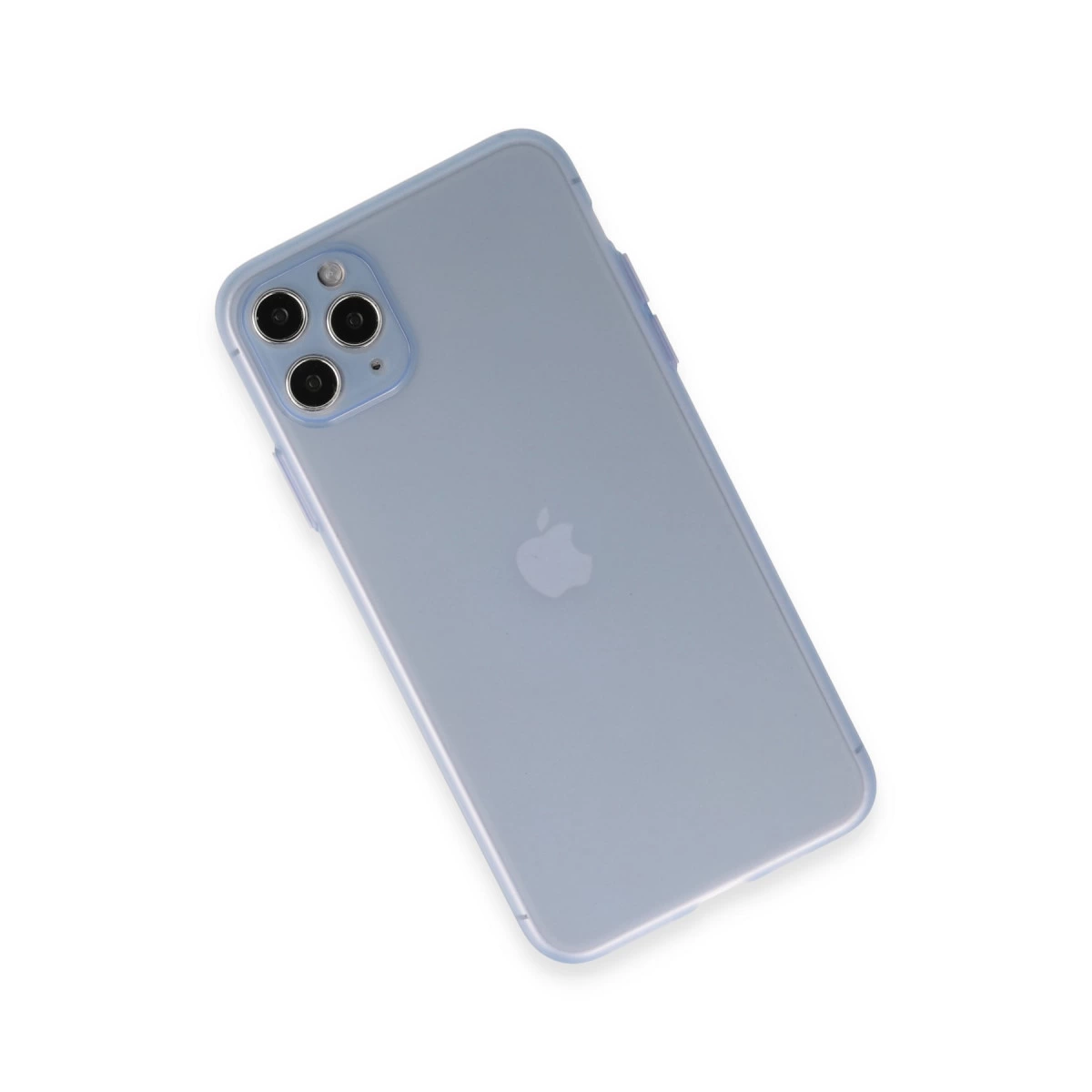 Arkada üç kamerası ve Apple logosu bulunan açık mavi bir iPhone.