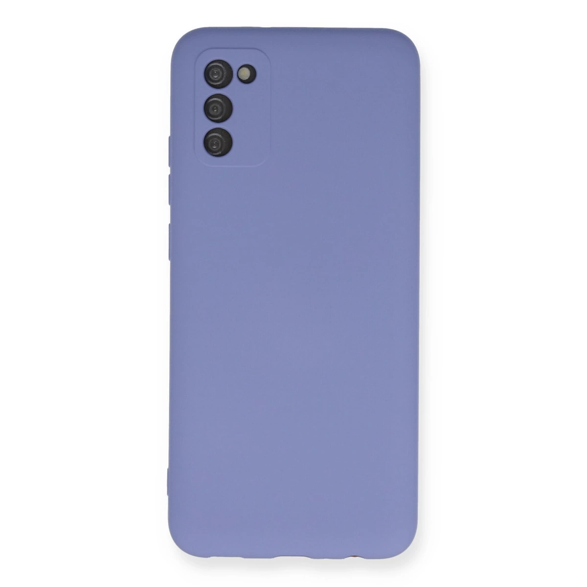 Arkada üç kamera ve flaşa sahip mor telefon kılıfı.