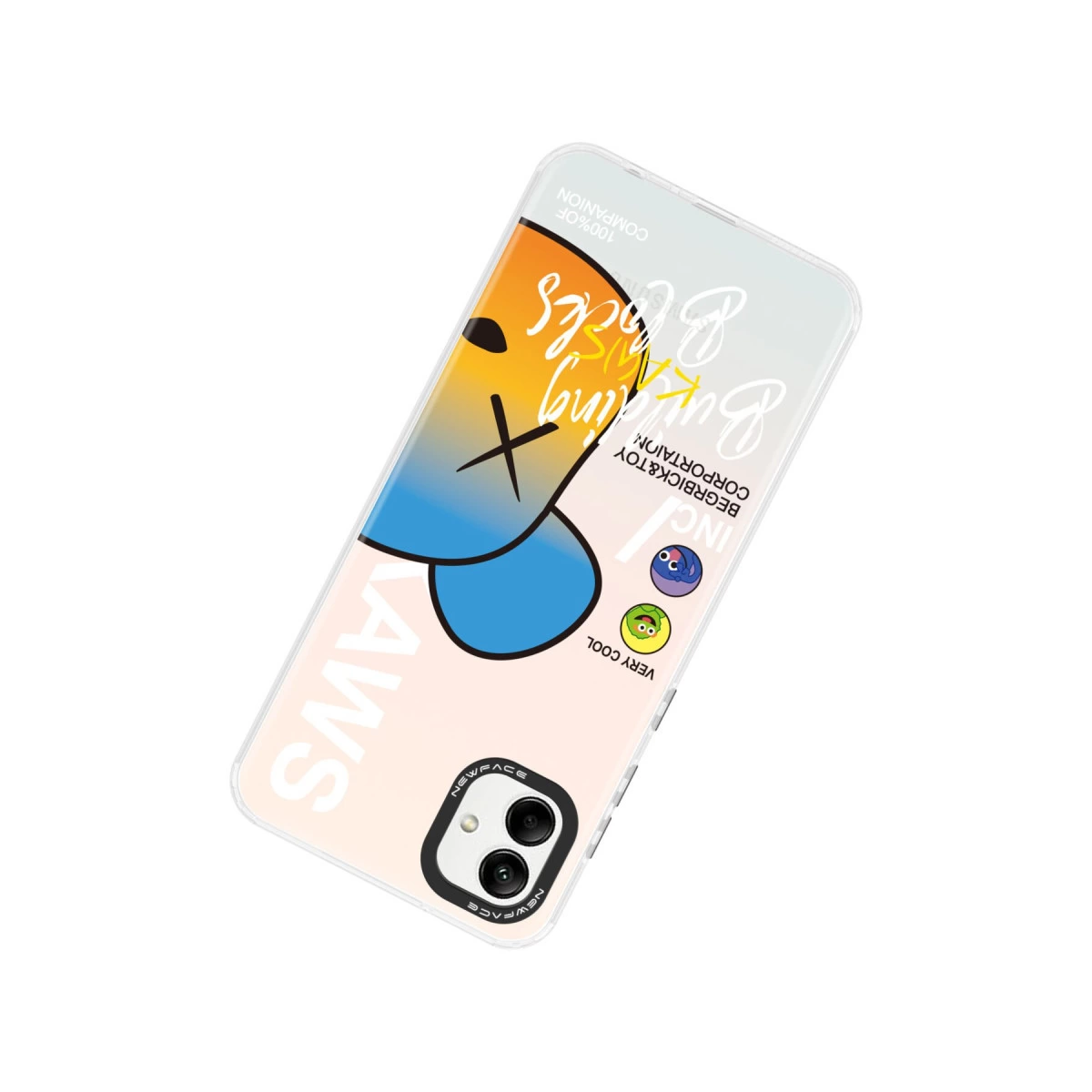 Kaws tasarımlı, çizgi film karakterli ve metinli şeffaf telefon kılıfı.