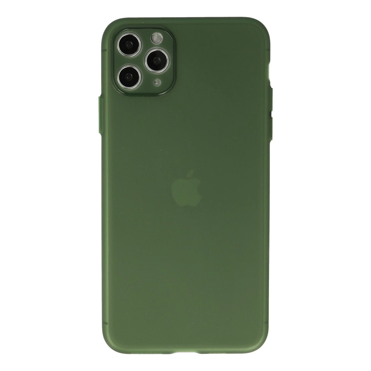 Üçlü kamera ve Apple logosuna sahip koyu yeşil iPhone kılıfı.