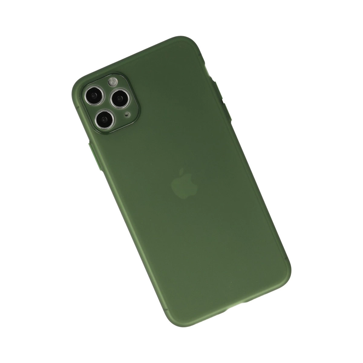 Üç kamera lensli ve Apple logolu yeşil telefon kılıfı.