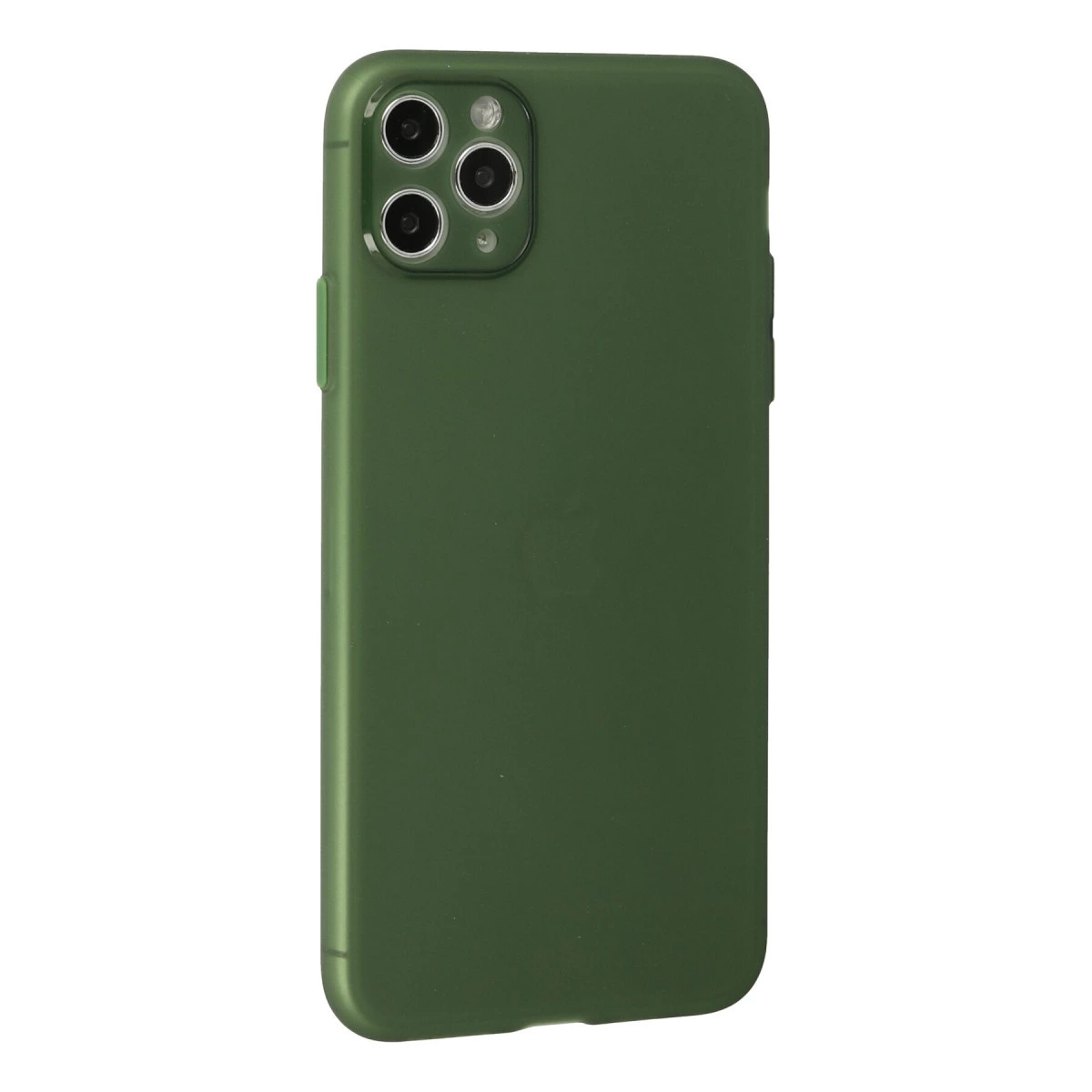 Beyaz arka plan üzerinde üçlü kamera lensli yeşil telefon kılıfı.