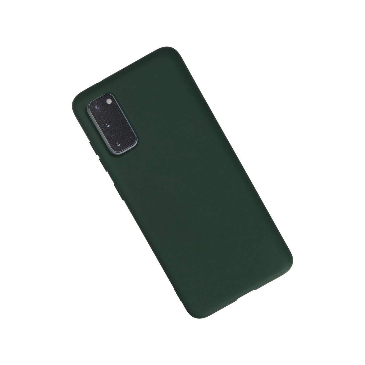 Kamera çıkıntılı, beyaz arka plan üzerinde koyu yeşil telefon kılıfı.