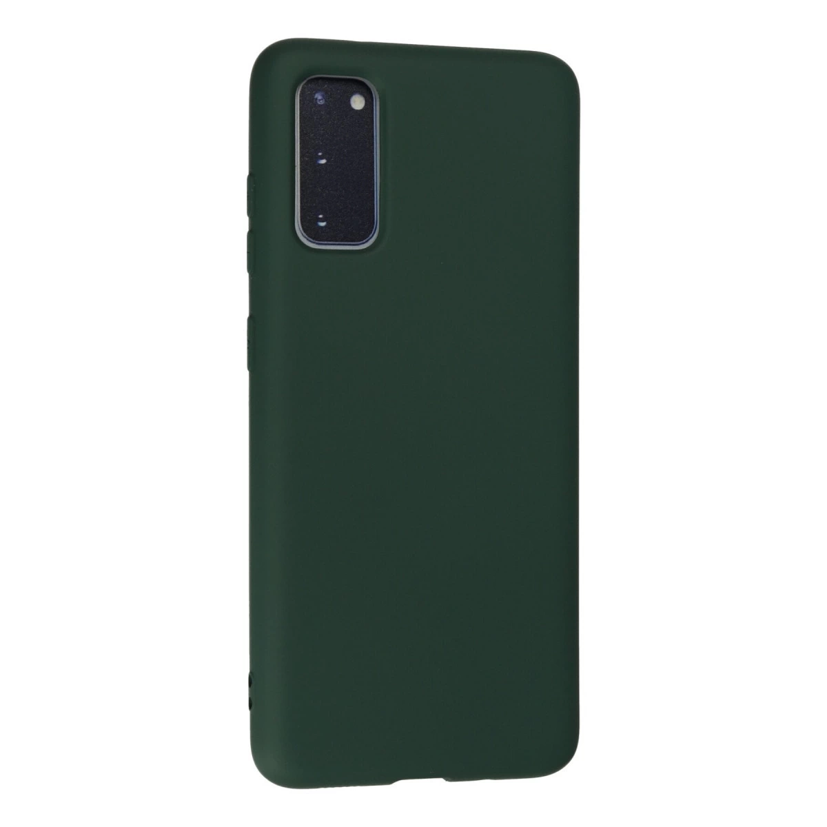 Kamera oyuntulu, koyu yeşil telefon kılıfı, beyaz arka plan üzerinde.