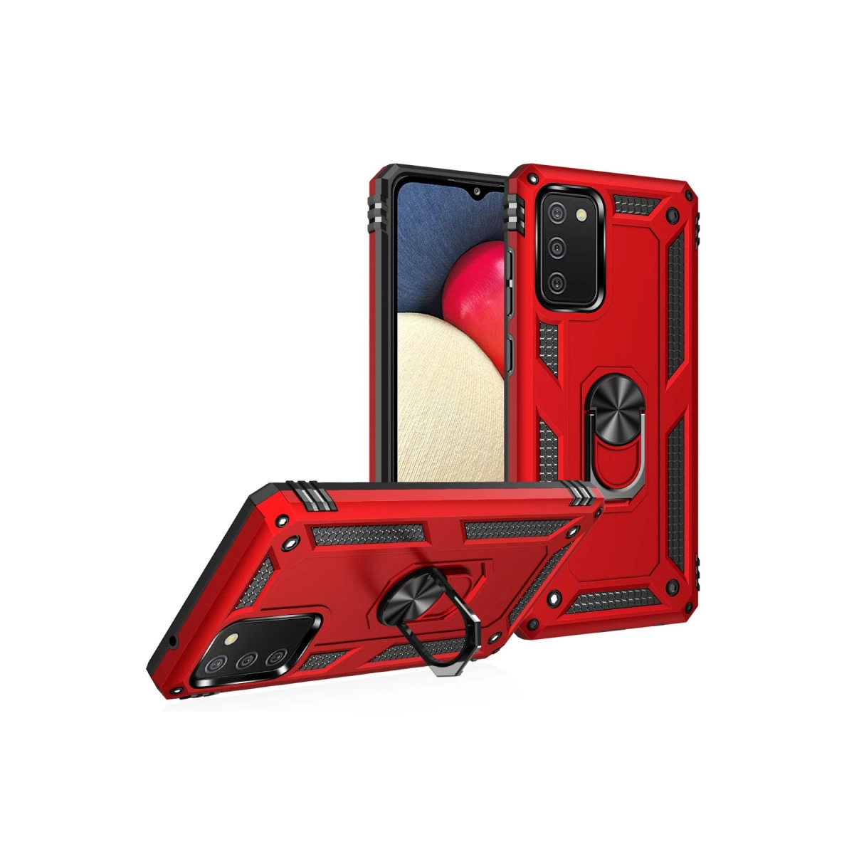 Metal halka standlı iki kırmızı telefon kılıfı beyaz zeminde.