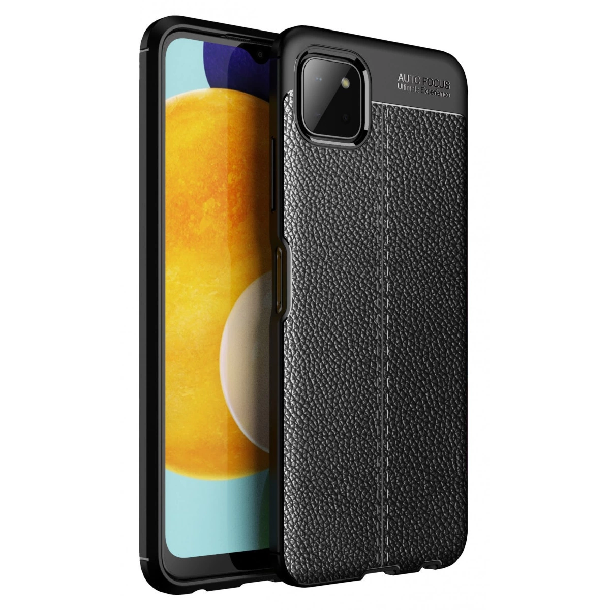 Dikiş detaylı siyah deri dokulu telefon kılıfı, sarı arka planlı akıllı telefonun yanında.