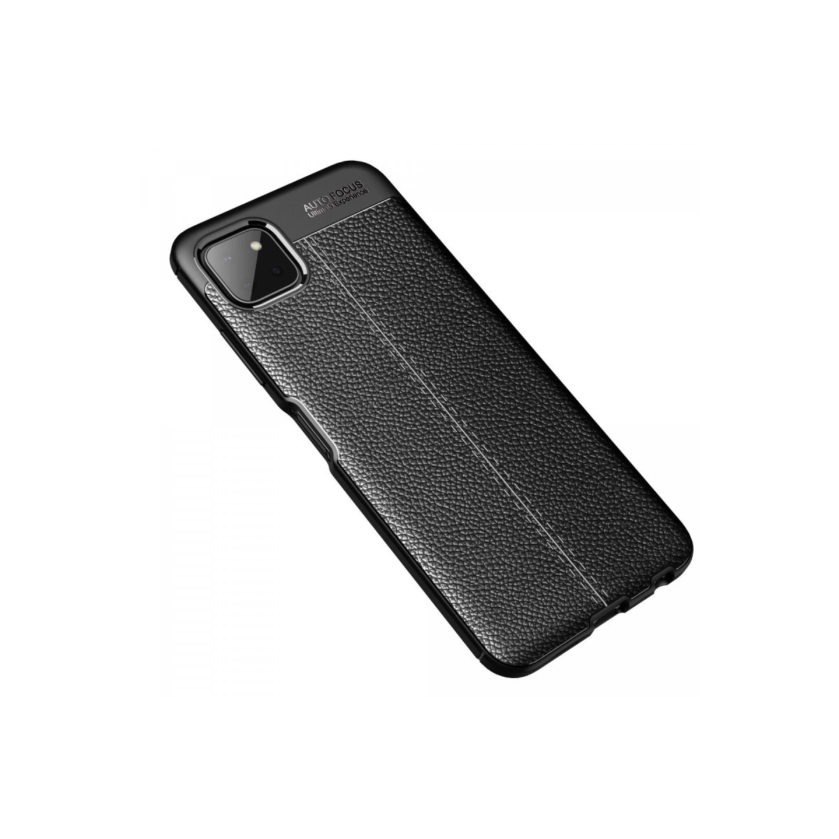 Dikiş detaylı ve kamera kesimli siyah suni deri telefon kılıfı.
