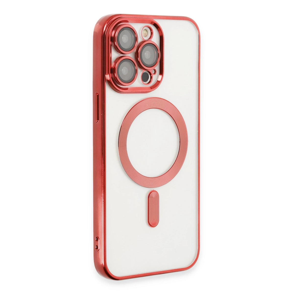 Kamera çıkıntıları ve manyetik halka detaylı kırmızı iPhone kılıfı.