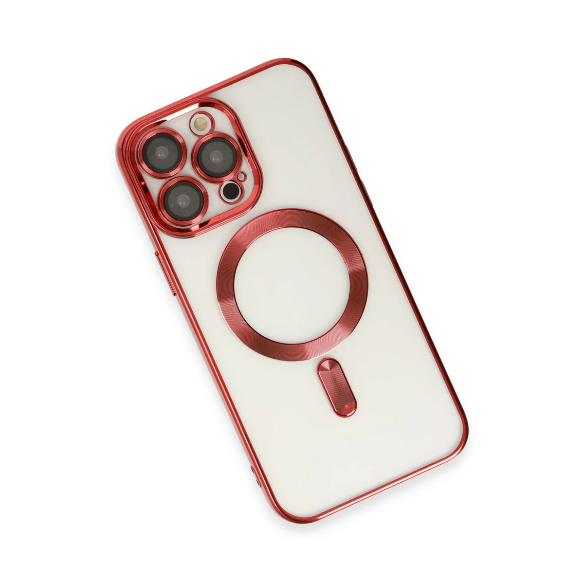 Kırmızı çerçeveli, beyaz iPhone. Kamera korumalı, manyetik halka görünür.
