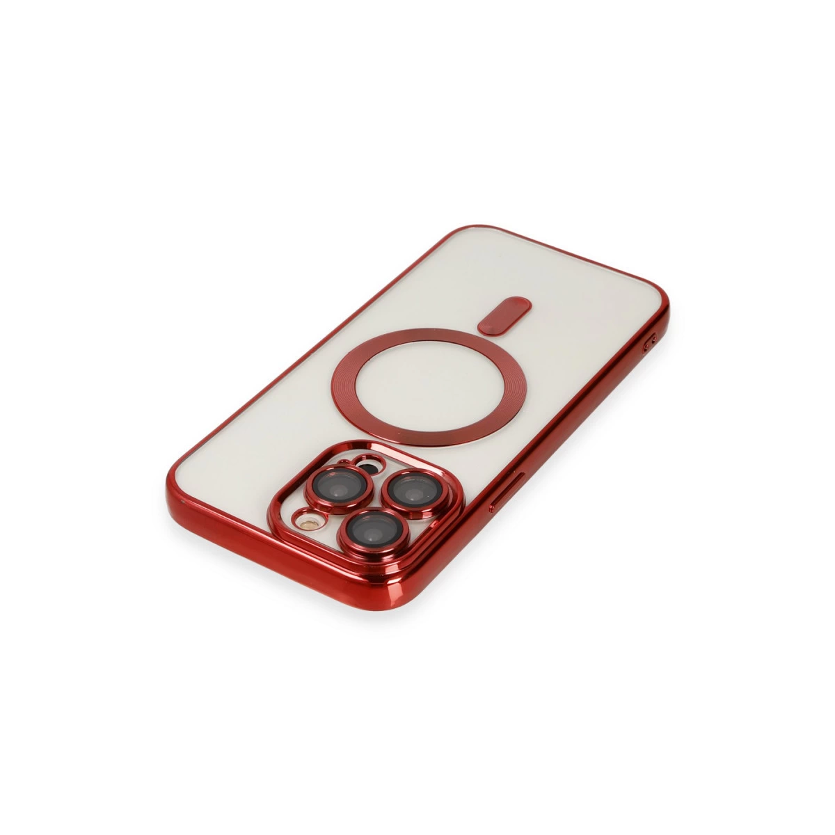 Üç kamera lensli ve manyetik halkalı kırmızı telefon kılıfı.