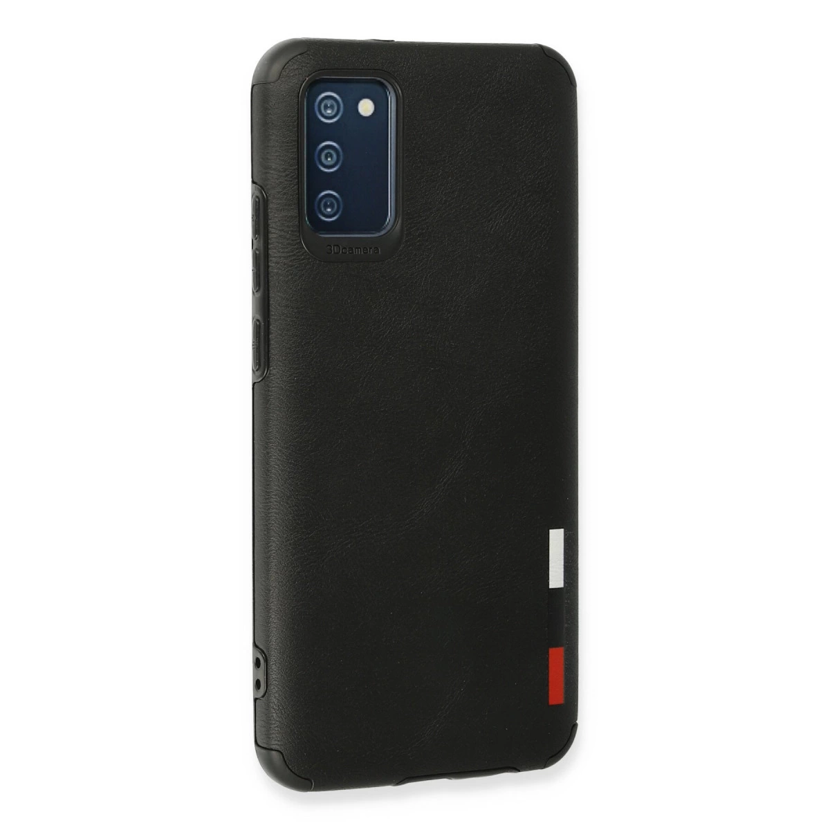Üç kameralı siyah telefon kılıfı, kırmızı/beyaz şeritli.