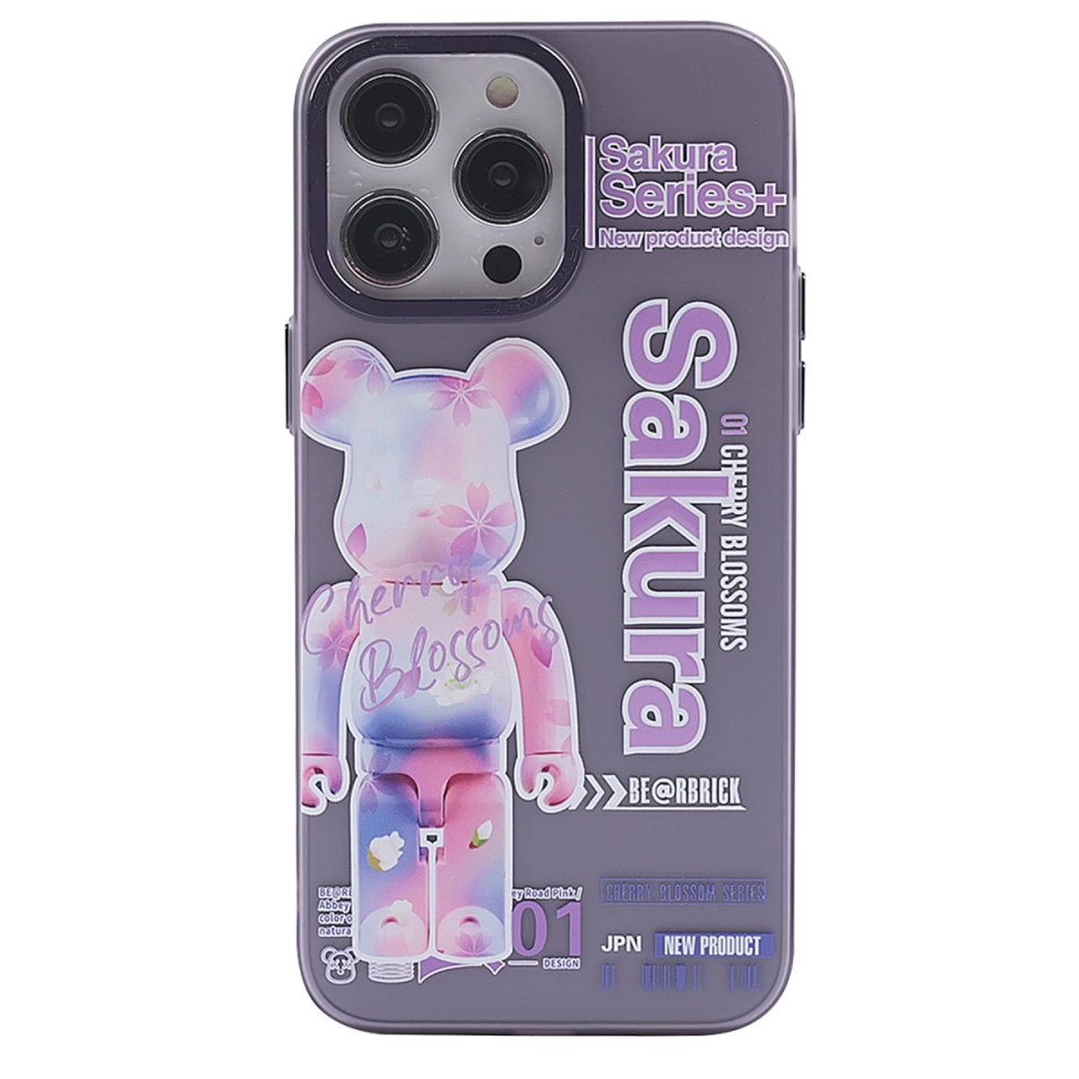 Ayıcık tasarımlı, sakura çiçekli ve Japonca yazılı mor telefon kılıfı.
