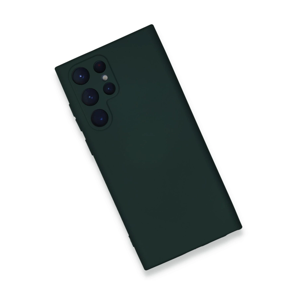Arkada dört kamera lensi bulunan koyu yeşil telefon kılıfı.