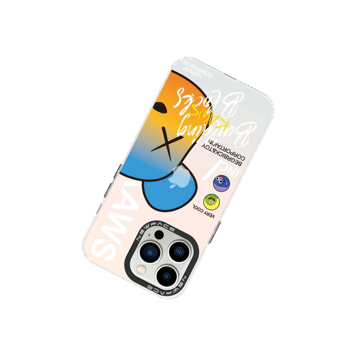 Kaws esintili sanat ve metin grafiklerine sahip iPhone kılıfı.