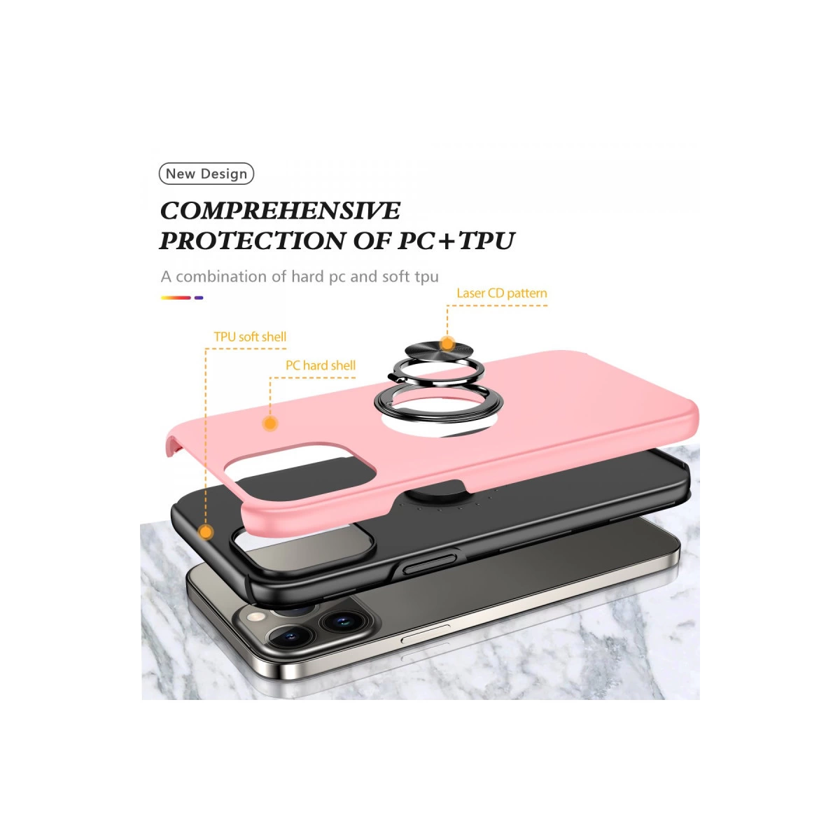 iPhone üzerinde pembe telefon kılıfının patlamış görünümü, katmanları ve yüzüğü gösteriyor.