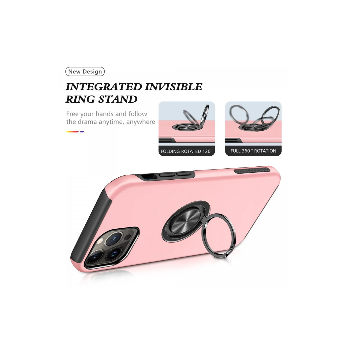 Entegre halka stantlı pembe telefon kılıfı, 120° ve 360° dönüş.