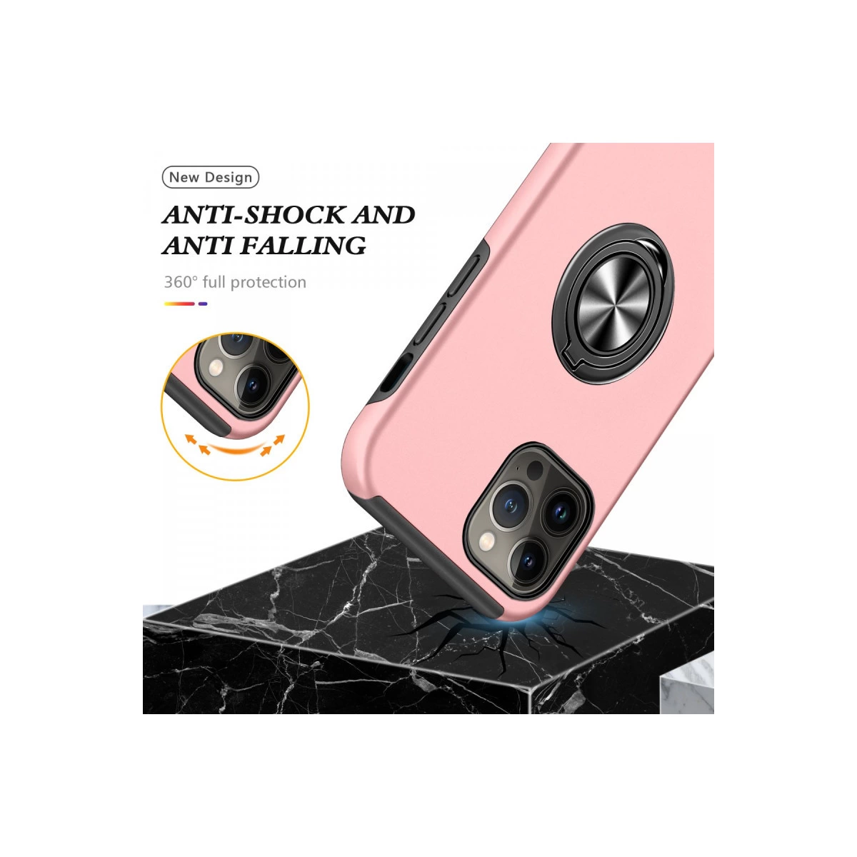 Pembe telefon kılıfı, siyah mermer üzerinde halka tutuculu.