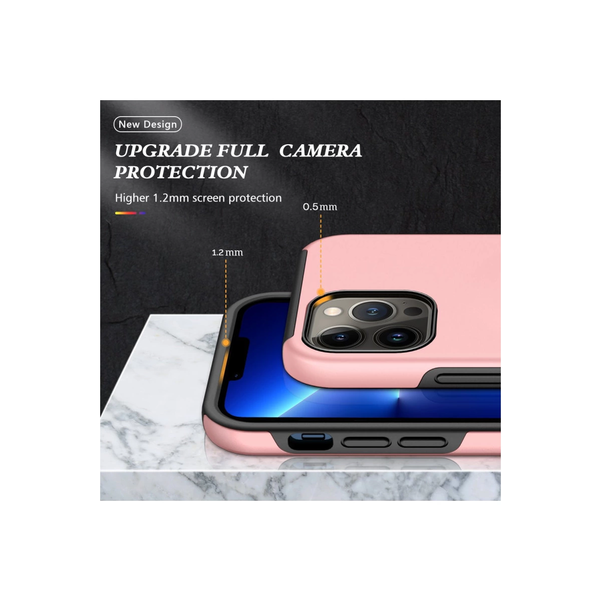 Pembe telefon kılıfı, kamera koruması ve ekran kenarı detayları.