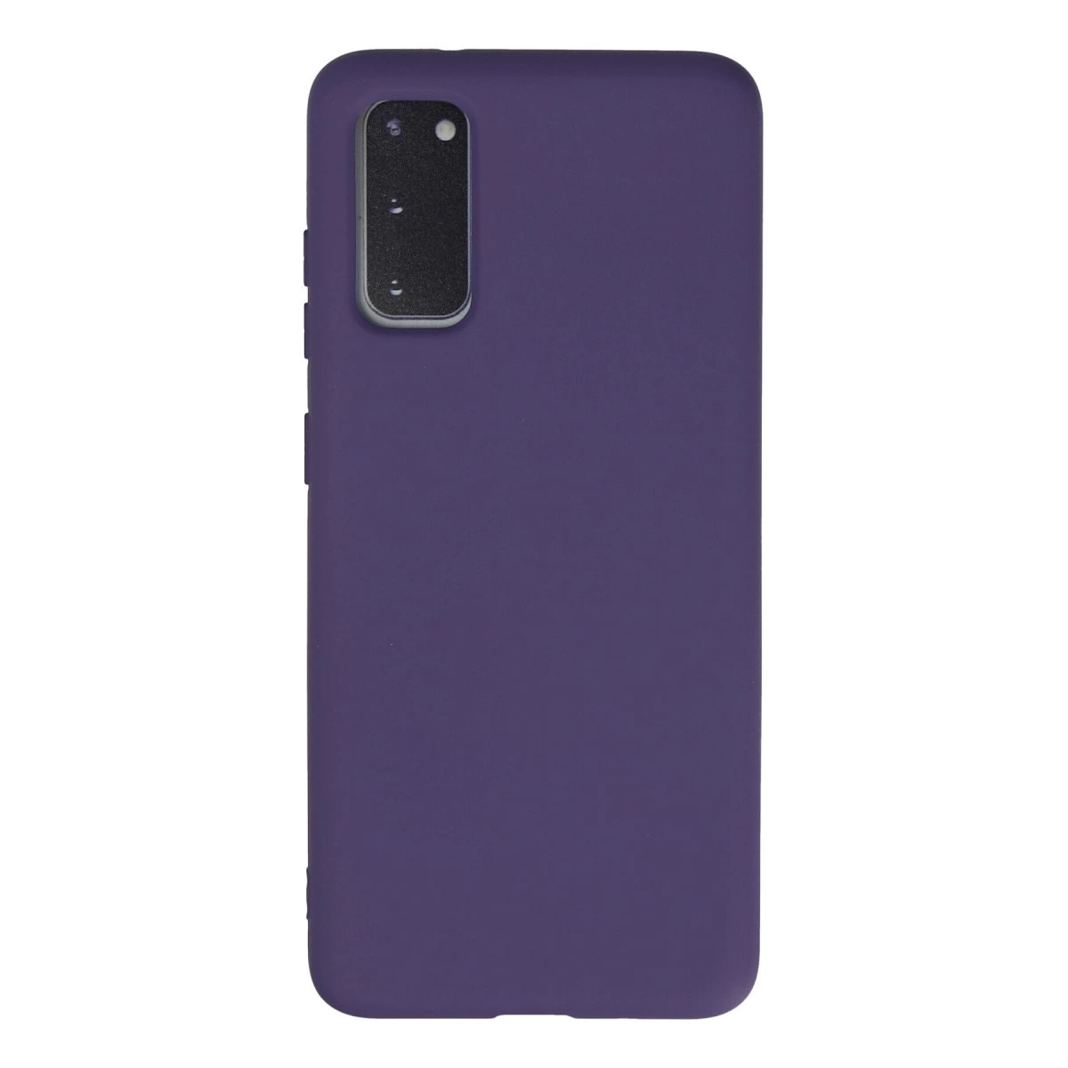 Sol üstte dikdörtgen kamera modülü bulunan mor telefon kılıfı.