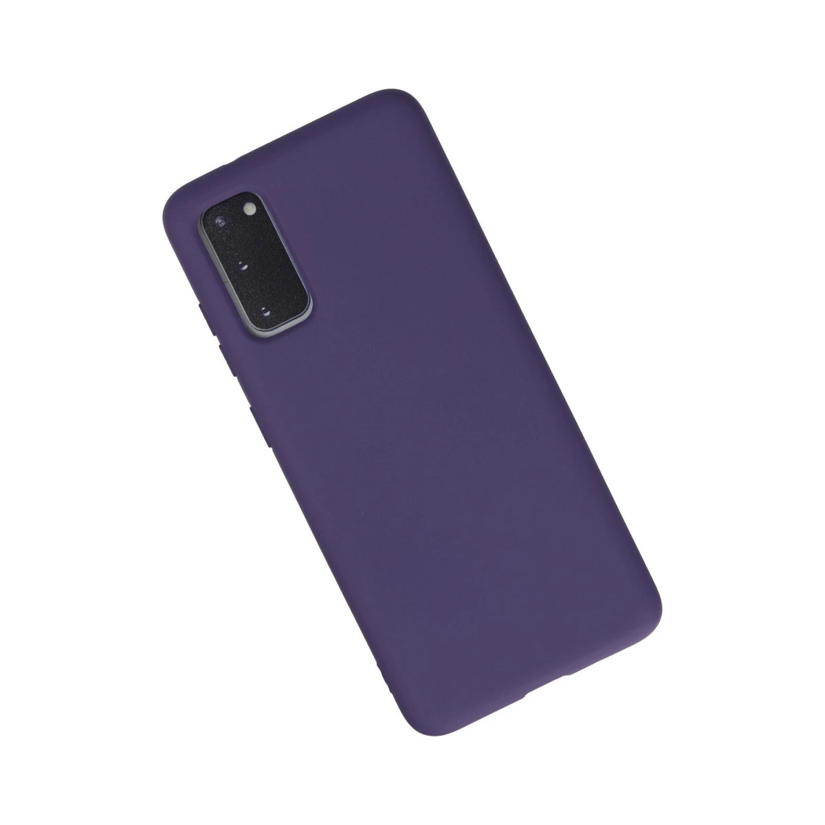 Dikdörtgen kamera lens kesimli mor telefon kılıfı, beyaz arka plan.