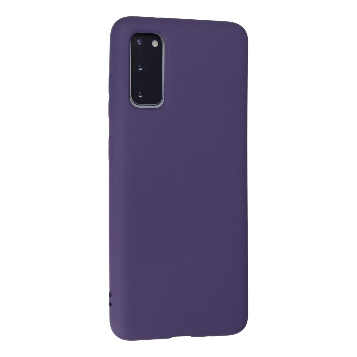 Kamera oyuntulu ve yan düğmeli mor telefon kılıfı.