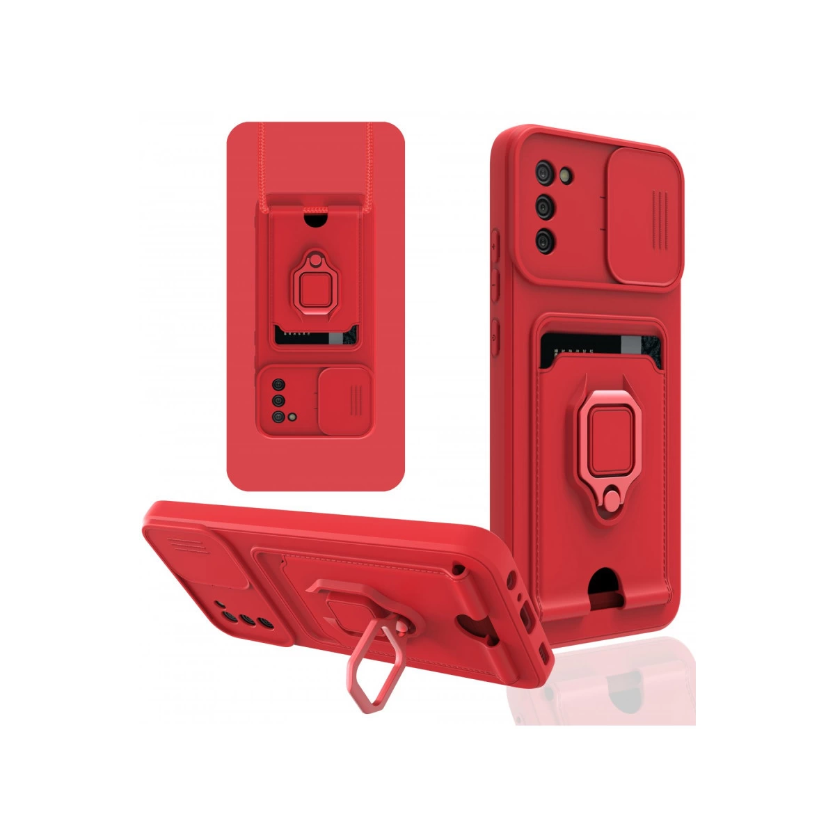 Entegre kart yuvası, halka tutucu ve kamera kapağına sahip kırmızı telefon kılıfı.