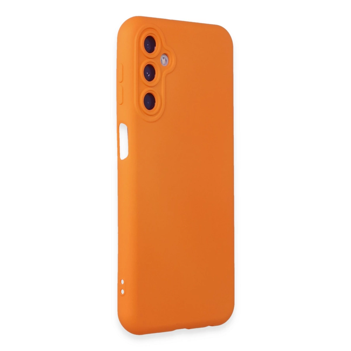 Üçlü kamera lensli ve kesikli turuncu telefon kılıfı.