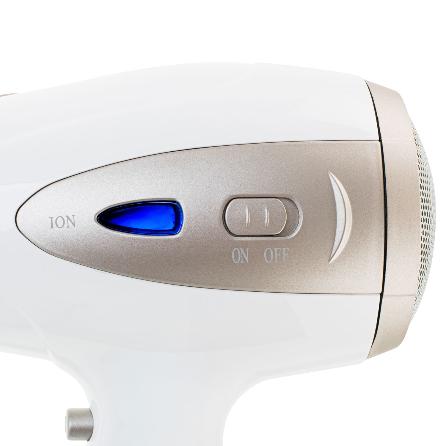 Biała suszarka do włosów ze srebrnymi akcentami i niebieskim wskaźnikiem.