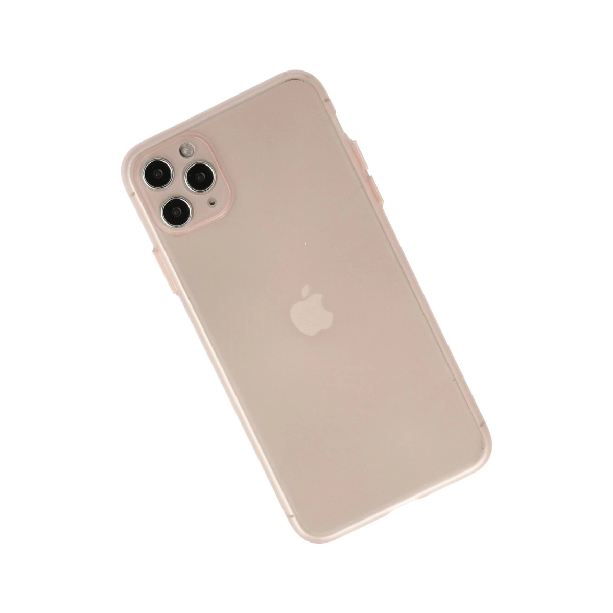 Beyaz zeminde üç kameralı açık pembe iPhone 11 Pro.