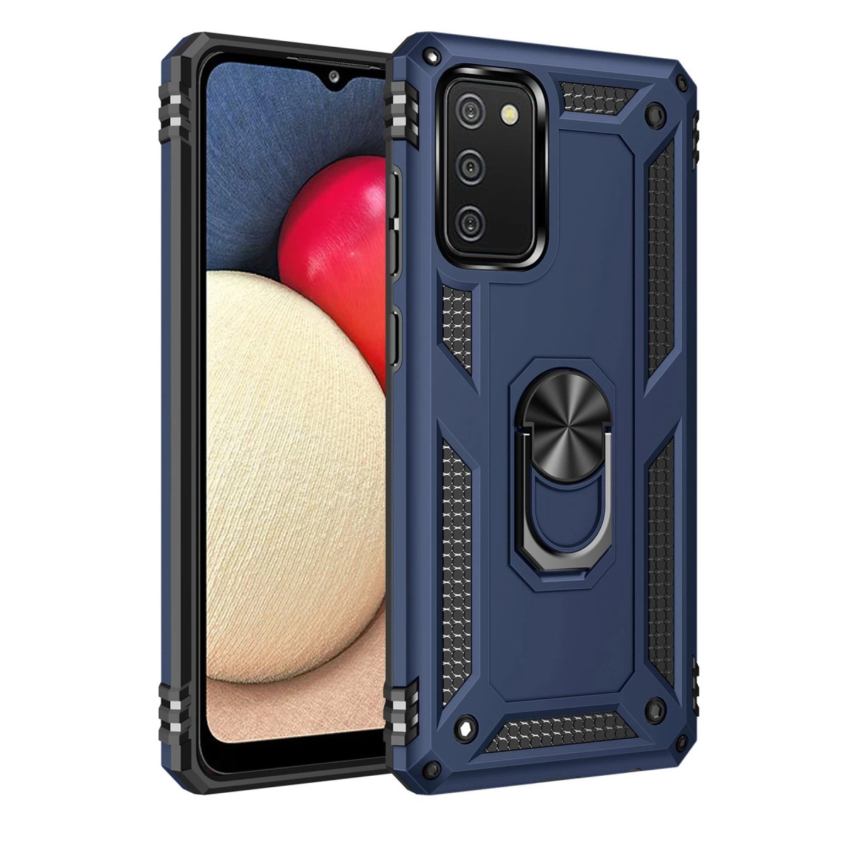 Halka tutuculu ve kamera korumalı lacivert telefon kılıfı.